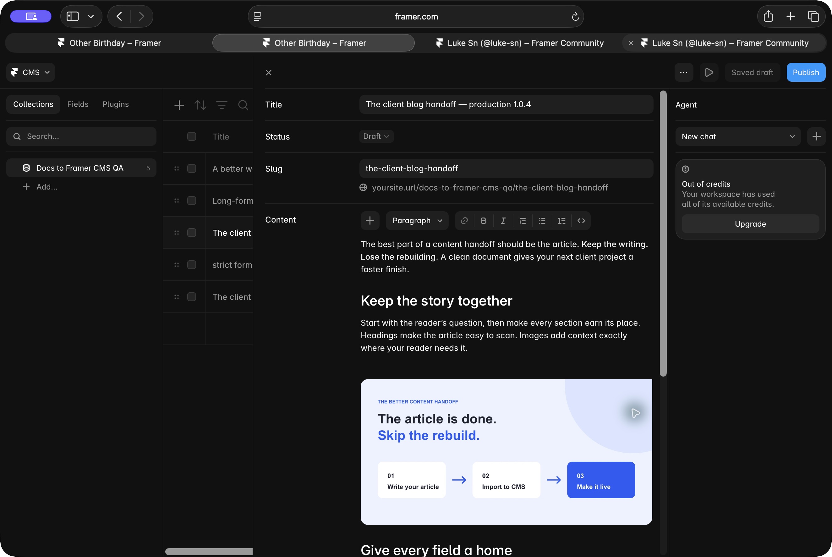 The article and embedded image saved in the real Framer CMS editor.